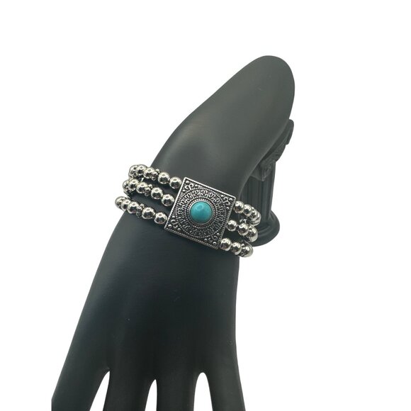 Turquoise and Silver Triple Strand Fashion Bracelet Adjustable - Picture 2 of 5